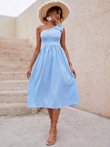 Vista 5 de ZJUAN Vestido con detalle de nudo de un hombro con rayas verticales para mujer