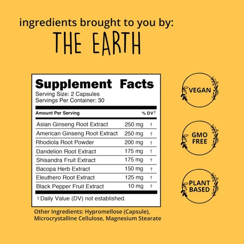 Vista 5 de Happy Healthy Hippie Píldoras energéticas sin cafeína – Rhodiola Rosea, Bacopa + raíz de diente de león – Energía + claridad mental + motivación +