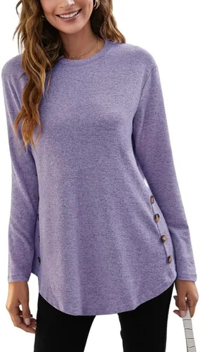 Vista 5 de Camiseta de manga larga de gran tamaño para mujer, con botones laterales, cuello redondo