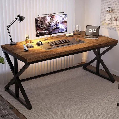 Vista 15 de IBF - Escritorio de oficina negro, moderno escritorio de metal de madera para computadora en oficina, 47 pulgadas