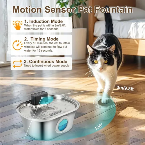 Vista 5 de Fuente de agua inalámbrica para gatos, acero inoxidable, dispensador de agua grande de 3.2 L para perros con boquilla, alimentador automático