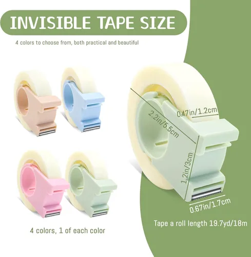 Vista 2 de Juego de 4 cintas invisibles con mini dispensador, cinta mágica de 1/2 pulgada, cinta transparente para escritura, reparación portátil para oficina