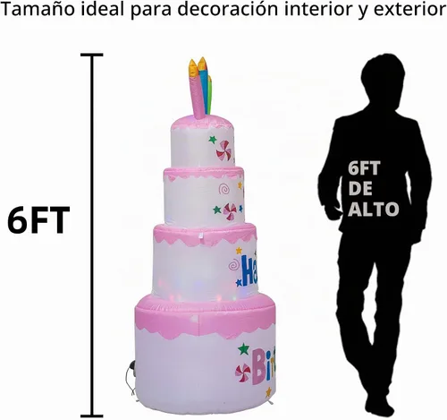 Vista 4 de AJY Pastel inflable de feliz cumpleaños de 6 pies con vela, decoración de césped para interiores y exteriores