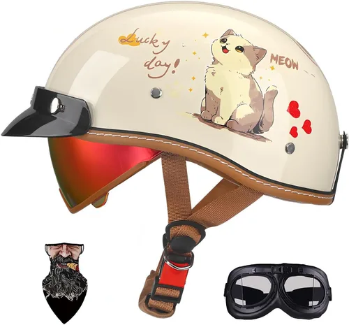 Vista 24 de Casco Moto Retro Jet para hombres y mujeres Homologado DOT, Medio Casco ABS, Ventilación Doble, Visera Retráctil y Forro Desmontable Fresco