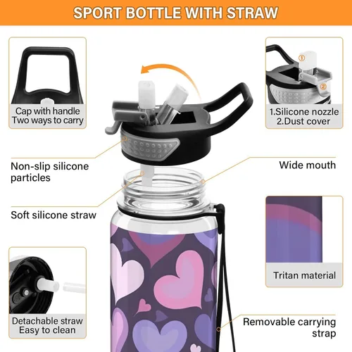 Vista 4 de Burbuja Purple Heart - Botella de agua de 32 onzas con tapa con popote, a prueba de fugas y sin BPA, botella de Tritan para gimnasio, fitness
