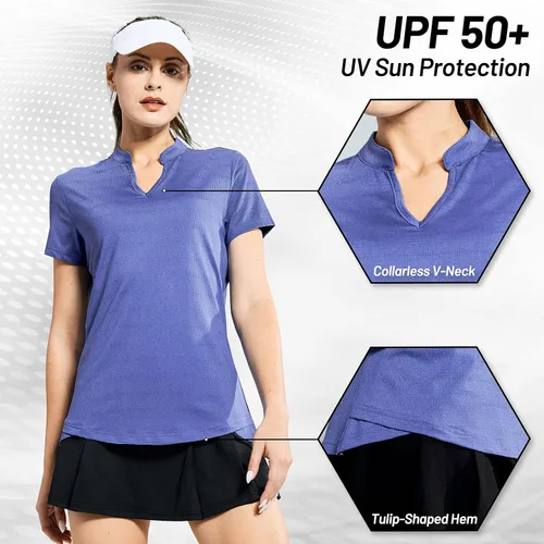Vista 3 de MIER Polo de golf para mujer, sin cuello, UPF 50+, manga corta, para tenis, correr, cuello en V
