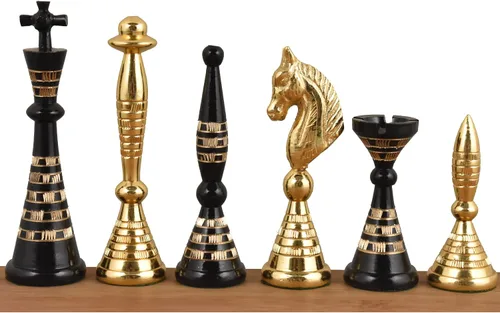 Vista 3 de Juego de piezas de ajedrez y tablero de lujo Warli de metal de latón macizo, 12 pulgadas, negro y dorado