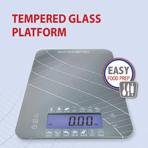 Vista 3 de SmartHeart Báscula digital de cocina con calculadora de calorías y carbohidratos, sensores de precisión, plataforma de vidrio templado, conversiones