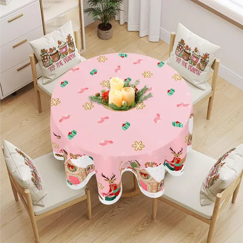 Vista 2 de Mantel de Navidad rosa con diseño de casa de jengibre, renos, mantel redondo de Navidad para fiestas de Navidad, 60 x 60 pulgadas