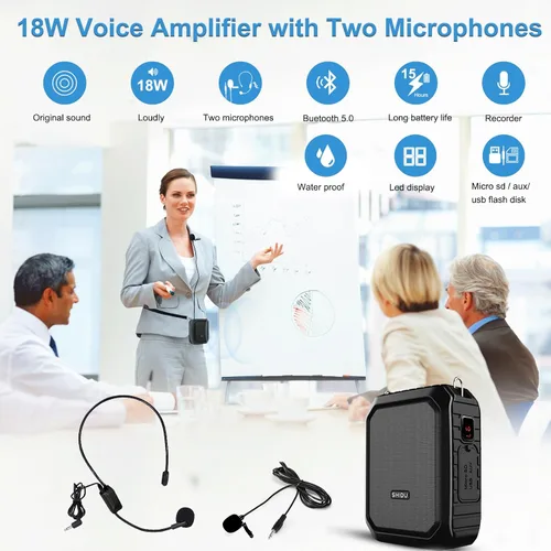 Vista 2 de Amplificador de voz Bluetooth con micrófono de solapa/micrófono auriculares-18W IPX5 impermeable pequeño megáfono altavoz sistema Pa, micrófono