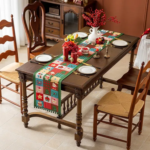 Vista 6 de Camino de mesa navideño con borlas de pompones, decoración de mesa de mezcla de lino y algodón para mesa de comedor, tocador, chimenea