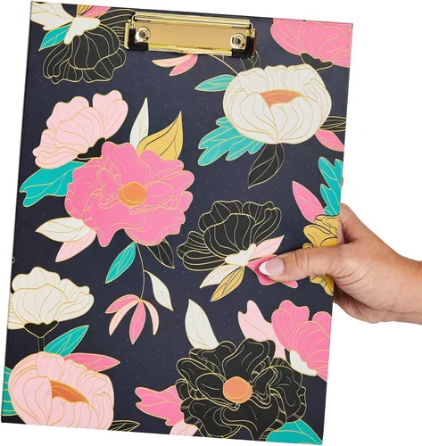 Vista 3 de Paper Junkie Carpeta portapapeles floral con bloc de notas y almacenamiento, 13 x 9 pulgadas, color negro clásico, clip de perfil bajo, bolsillo
