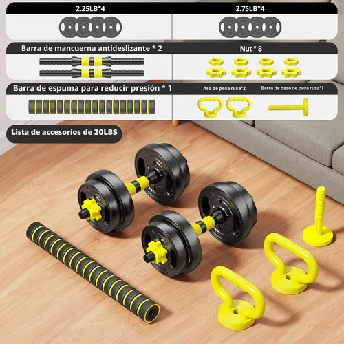 Vista 2 de Juego de mancuernas ajustables, pesas libres de 10 a 90 libras con conector – mancuernas 4 en 1, barra, pesa rusa y soporte para flexiones, juego