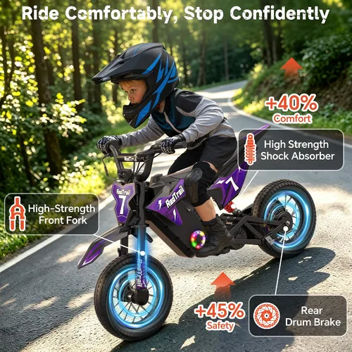 Vista 5 de Motocicleta eléctrica de 36 V para niños de 4 a 10, 700 W pico y máximo Morado