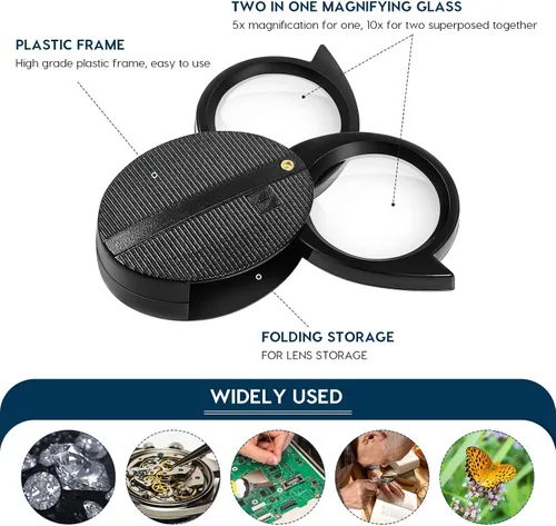 Vista 6 de ULTECHNOVO Lupa De Bolsillo Plegable Portátil De Mano De Vidrio Óptico Artesanía Lupa Para Mujeres Y Hombres Lectura (Dual Lens (5X/10X) - Negro