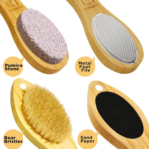 Vista 4 de ICDI ICANdOIT - Lima de bambú natural para pies, removedor de callos multiusos 4 en 1 pies, kit de pedicura con cepillo de cerdas de jabalí, piedra