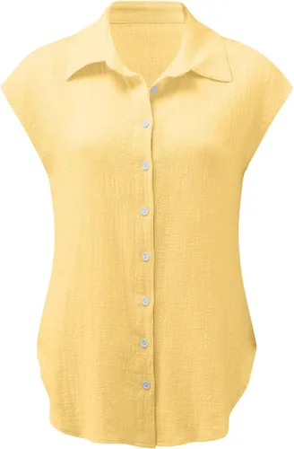 Vista 3 de Ceboyel Camisas para mujer de moda de verano, algodón, lino, manga corta, cuello con botones, blusa casual para mujer 2023