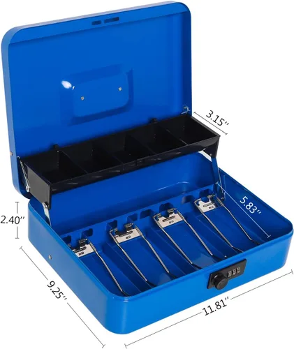 Vista 2 de Caja de efectivo con cerradura combinada: caja de dinero de acero de 0.03 in con bandeja de monedas automática y tapa de monedas a prueba de Azul-C