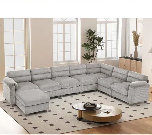 Vista 22 de HAOMARKETS Sofá esquinero modular en forma de L de 115 pulgadas con 2 otomanas móviles, sofás de pana de 8 plazas con cojín grueso para sala de Beige