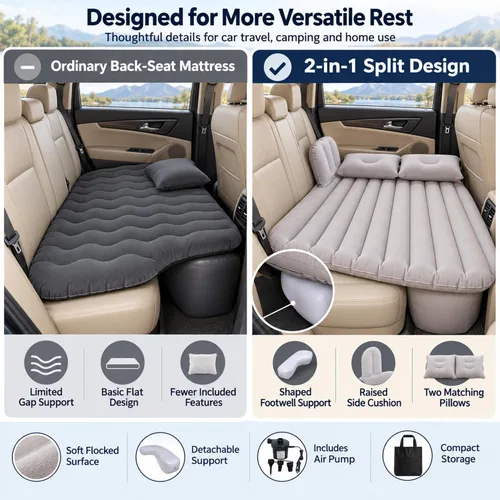 Vista 7 de Inflatable Car Air Mattress, Split Design Back Seat Car Travel Air Bed with Air Pump, Pillows & Support Column, Thickened Portable Blow Up Sleeping