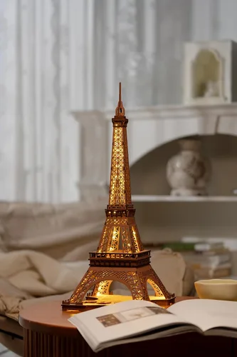 Vista 4 de ROBOTIME Rompecabezas 3D para adultos, kit de construcción de modelos de bricolaje, torre Eiffel y caja de música de madera, atardecer carnaval