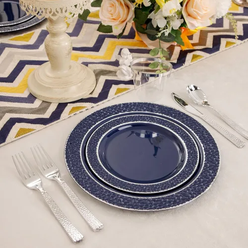 Vista 5 de Ciaell 150 platos de plástico azul y plateado – El plato desechable azul incluye 50 platos, 25 cuchillos, 25 tenedores, 25 cucharas, 25 tazas