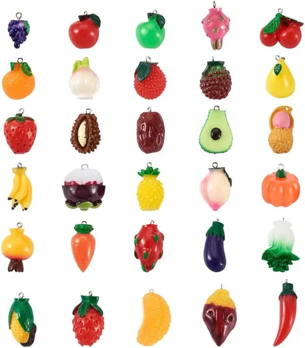 Vista 10 de Mega Pet 40 dijes de resina de frutas y verduras, fresa, piña, uva, cereza, resina, hongos, zanahoria, para bricolaje, collares, pulseras, aretes