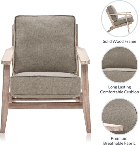 Vista 5 de BELLEZE Silla moderna de mediados de siglo con marco de madera resistente, silla tapizada de lino, fácil montaje, cómoda silla decorativa para sala