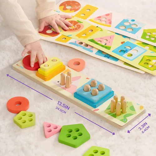 Vista 6 de lalalark Juguetes Montessori para niños de 1, 2 y 3 años, juguetes de clasificación y apilamiento de madera con 5 tarjetas temáticas, juguetes