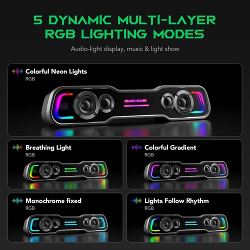 Vista 4 de Black Shark - Altavoces para computadora Bluetooth para escritorio, altavoz para PC de juegos con iluminación RGB multicapa dinámica y graves
