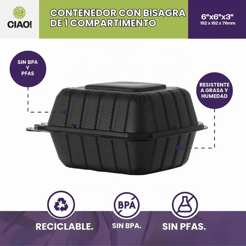 Vista 2 de CIAO! Contenedor negro con bisagras MFPP de 6"x6"x3" con tapa, 1 compartimento (caja de 300)
