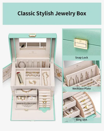 Vista 2 de Vlando Joyero organizador para niñas y mujeres, organizador de joyas barroco grande con espejo, 3 cajones para pulseras, aretes, anillos, collares