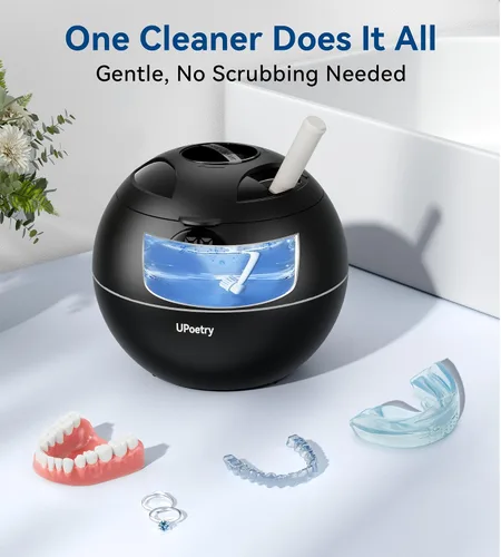 Vista 5 de Limpiador ultrasónico de retenedores, máquina limpiadora de retenedores de 45kHz con temporizador digital y 4 modos, cápsula de limpieza dental