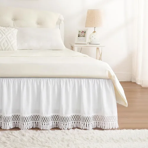 Vista 45 de Falda de cama RIMELA tamaño Queen color verde bebé con caída de 15 pulgadas, falda elástica envolvente, volante que protege contra el polvo