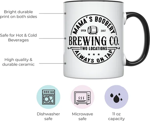 Vista 2 de YouNique Designs Taza de café con texto en inglés "Mamas Boobery Always on Tap", 11 onzas, regalos para nuevas madres después del nacimiento