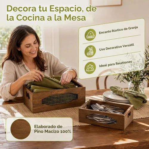 Vista 8 de Okllen Juego de 2 cestas de madera anidables para encimera, caja de almacenamiento decorativa de madera rústica con asas recortadas para pan