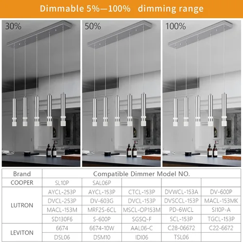 Vista 3 de Lámpara colgante moderna para comedor de 5 luces, accesorio de cocina regulable LED cromado mini iluminación colgante para isla de cocina, luces