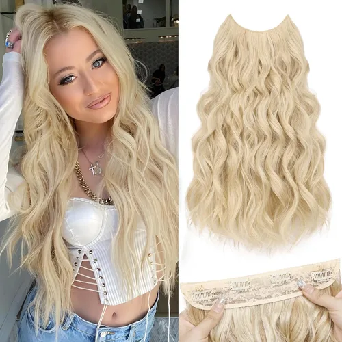Vista 15 de Extensiones de Cabello con Alambre Invisible - Extensiones de Cabello Halo de 14 Pulgadas Largas Onduladas Postizo Sintético con Alambre