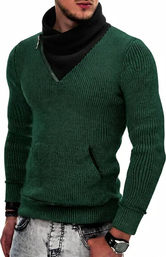 Vista 21 de COOFANDY - Suéteres de cuello chal para hombre de punto con cuello de tortuga, cuello alto, ajustado, con bolsillos Verde militar