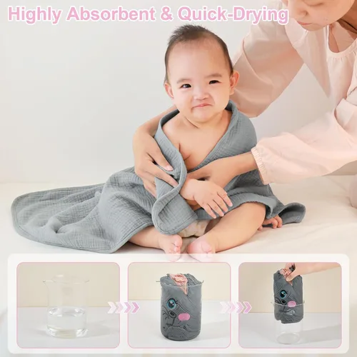 Vista 5 de FIOBEE Toallas de baño con capucha para bebé, 100% muselina para recién nacido, con diseño de animales, ultrasuaves y absorbentes, esenciales