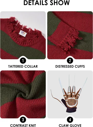 Vista 6 de Arvilhill 3 piezas de disfraz de Halloween para hombre, suéter y sombrero, trajes de pesadilla (S-3XL) Loose Fit Striped Sweater, Realistic Claw