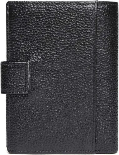 Vista 3 de Billetera vertical de tres pliegues de cuero hecha a mano vintage para mujer, con bloqueo RFID, pequeña cartera para tarjetas múltiples, Negro