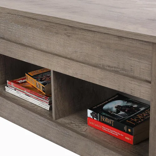 Vista 7 de Yaheetech Mesa auxiliar moderna con parte superior elevable con compartimento de almacenamiento oculto y 2 estantes abiertos, mesa de centro