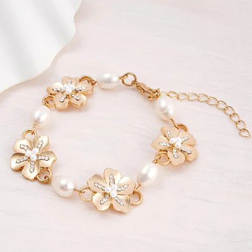 Vista 6 de Rosedate Pulsera de perlas para mujer, pulsera de perlas naturales, pulsera ajustable de oro, pulsera de flores doradas, pulsera de cadena delicada