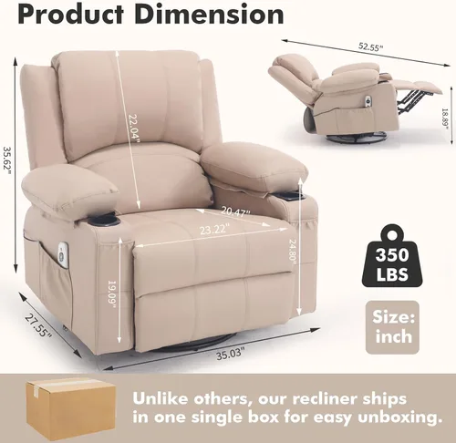 Vista 2 de Mecedora reclinable giratoria de piel sintética con portavasos para calor y masaje, silla mecedora con relleno, silla reclinable con calefacción