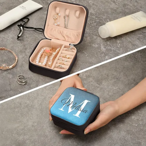Vista 8 de Emelivor Joyero de viaje personalizado con degradado azul, de piel sintética, caja de joyería portátil personalizada, organizador de viaje, pequeño
