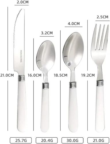Vista 2 de Juego de cubiertos blancos para 6 cubiertos duraderos de acero inoxidable, 24 piezas, mango blanco (ABS), incluye cucharaditas, cuchillos, tenedores