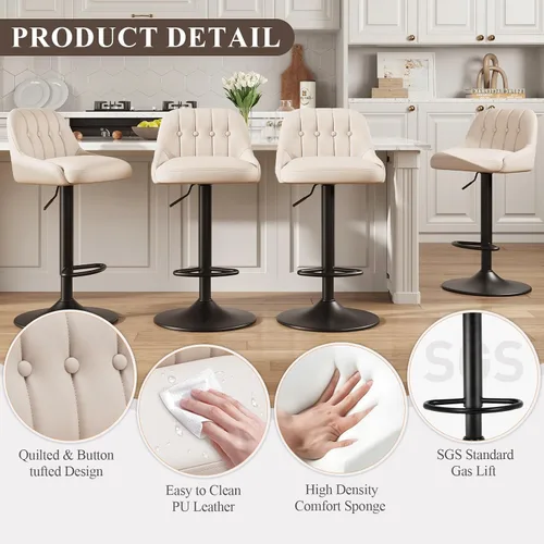 Vista 5 de MALOL Bar Stools Set of 1, Swivel Bar Chairs, Modern Adjustable PU Leather Upholstered Barstools Counter Height with Tufted Back for Bar, Kitchen