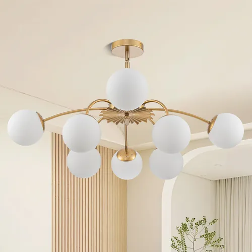 Vista 15 de Longree Sputnik - Lámpara de techo semiempotrada con forma de globo de vidrio de leche de 6 luces, color dorado, arte de mediados de siglo, moderna
