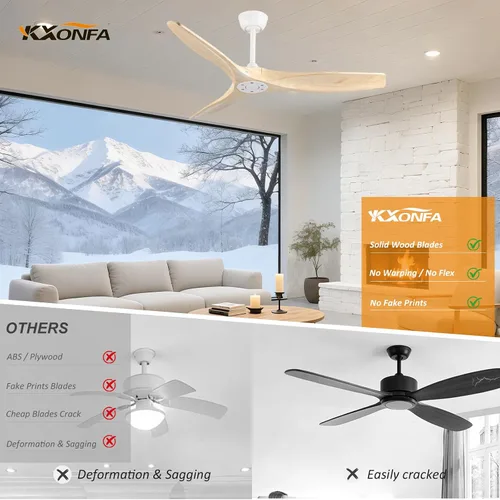 Vista 3 de Ventilador de techo de 52 pulgadas, sin luz, ventiladores de techo de madera para exteriores con control remoto, montaje empotrado, 3 aspas, motor